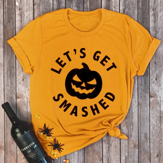 

Hipster Short Sleeve Tees Lets Get Smashed T-Shirt Pumpkin Halloween Slogan Tops Holiday Party Graphic Grunge Tumblr t shirts