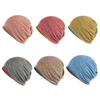

Women Men Unisex Multi-Use Two-Way Beanie Skullies Hat Slouchy Contrast Color Double Layer Cotton Neck Warmer Ring Scarf Winter