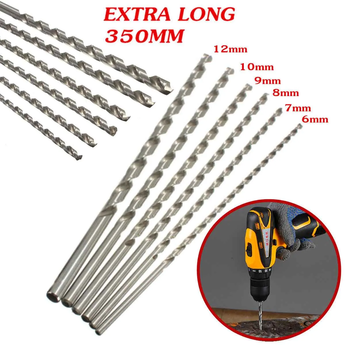 Extra Long HSS Straight Shank Auger Twist Drill Bit Set 6-12mm Diameter 350mm Length For Plastic / Metal /Wood Drilling Mayitr