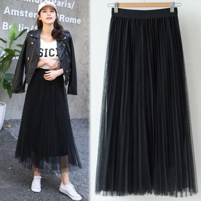 2019 Spring Summer Vintage Skirts Womens Elastic High Waist Tulle Mesh Skirt Long Pleated Tutu Skirt Female Jupe Longue
