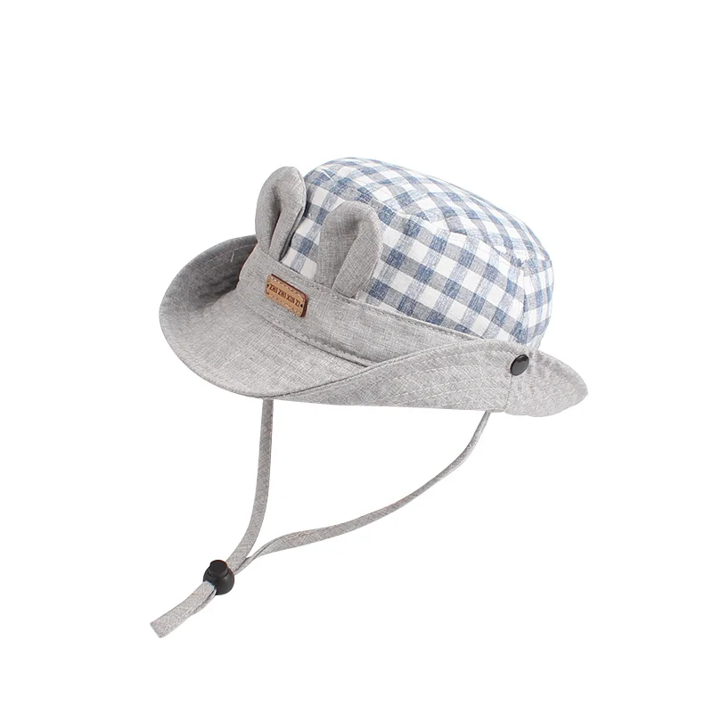 Plaid Baby Hat For Girls Wide Brim Kids Sun Cap Rabbit Ears Cotton Hat Lace Up Cowboy Children Cap Autumn Baby Girls Clothing  (2)