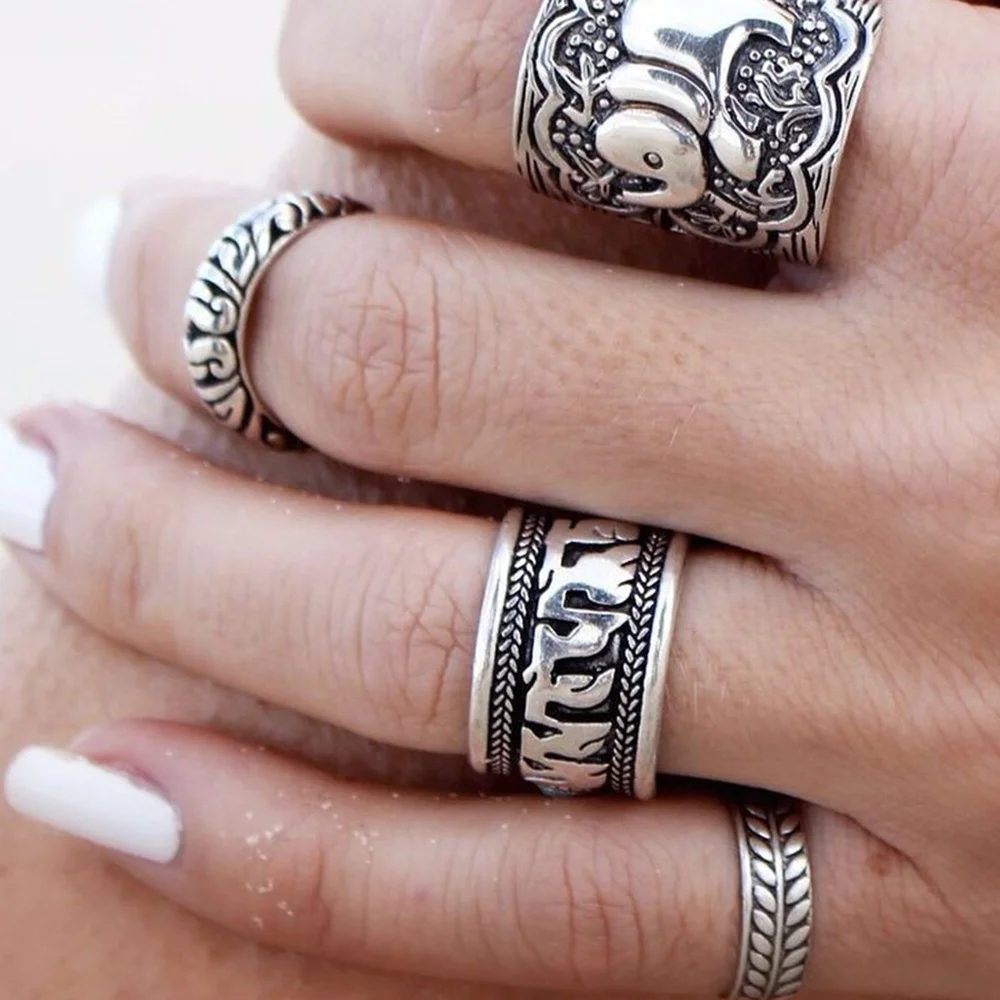 

ZVZO 4pcs/Set Vintage Silver Plated Punk Ring Set Elephant Totem Leaf Lucky Rings for Women Boho Beach Jewelry Gothic Ring