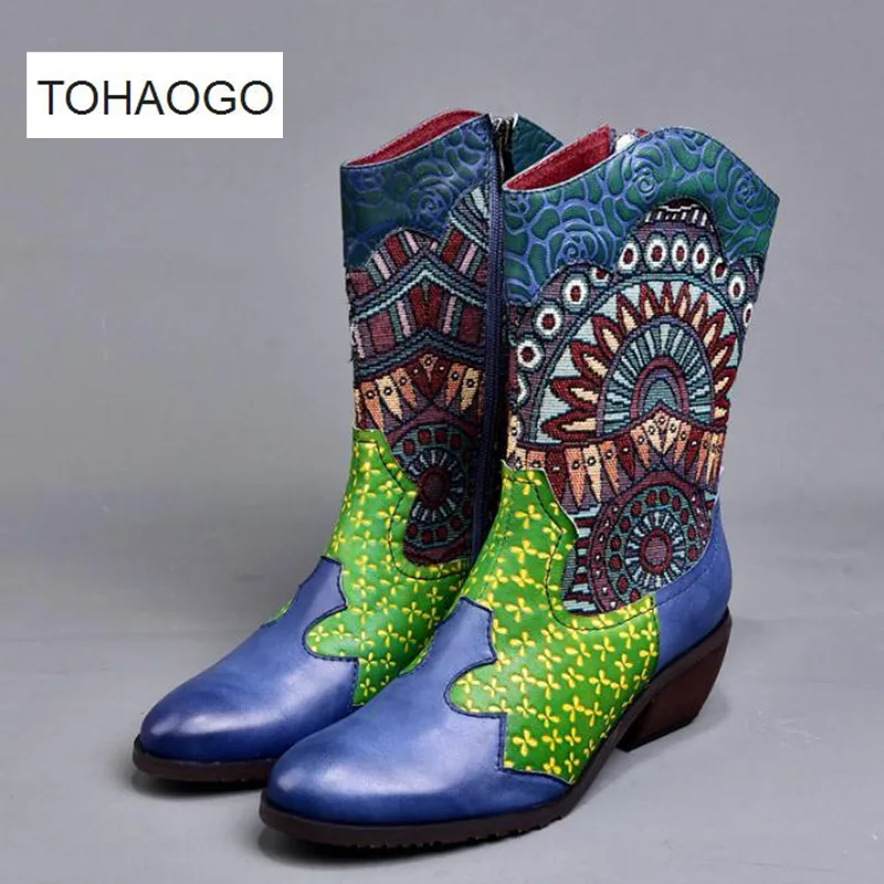 

2019 autumn winter new bohemian Genuine leather Crude heel women's boots retro Middle tube boots Embossing Women's shoes boty