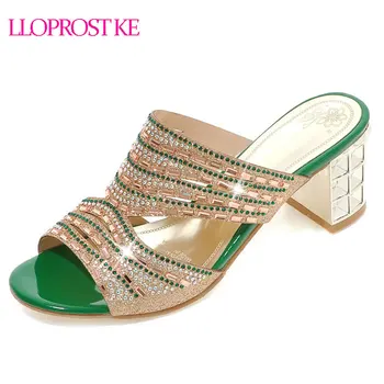 

Lloprost ke Gold green Thick high heels shoes women sandals summer rhinestone party shoes elegant fashion ladies shoes MY568