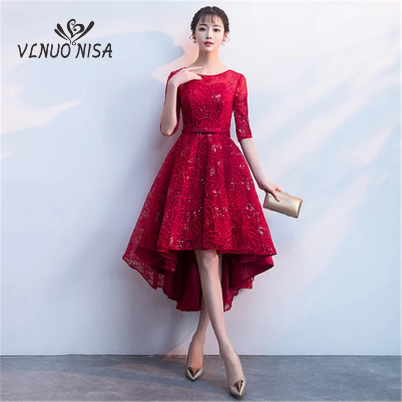 

Asymmetrical O Neck Elegant Wine Red Evening Dress High/low Short Front Long Back Lace Half Appliques Formal Party Gown Custom