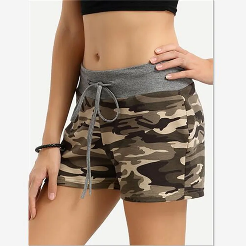 Women Shorts green Camouflage print Cotton Blend patchwork Elastic Wait Drawstring summer lady wild Military Active short Pants Shorts