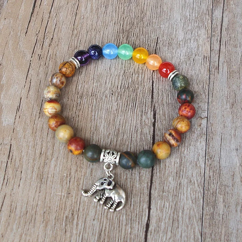 

DIY Women Men Strand Charm Beads Bracelet Natural Stone 7 Chakra Bracelet Elephant Yoga Reiki Prayer Mala Bracelet