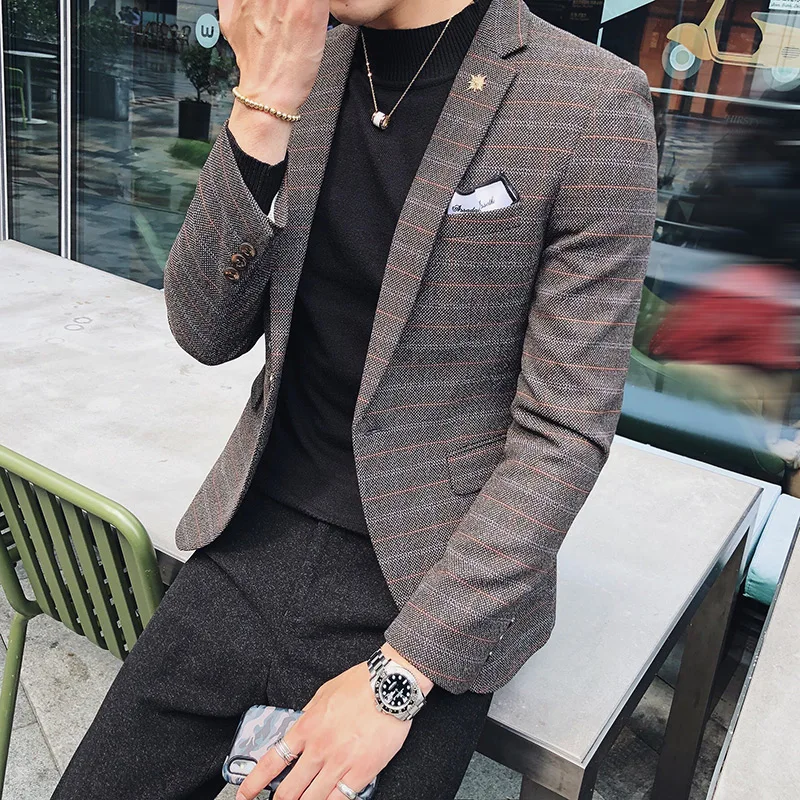 

Men Suit Autumn Winter British Wind Temperament Fashionista Slim Fit Formal Trend Casual Handsome Plaid Suit Jacket
