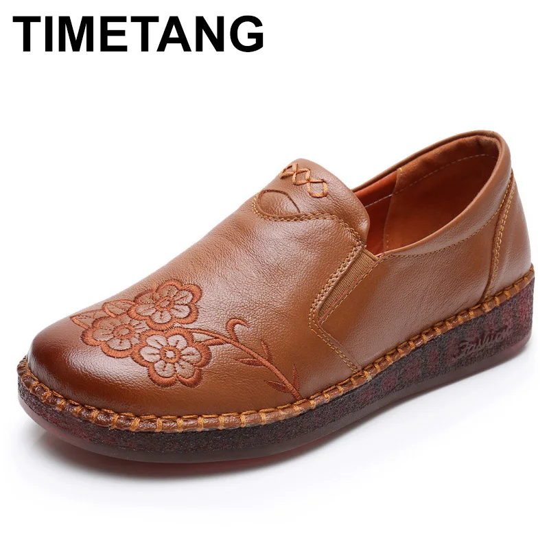 Hot Sale Flat-Shoes TIMETANG Genuine-Leather Woman High-Quality Slip-On Pattern Soft-Sole Round-Toe 33051256345