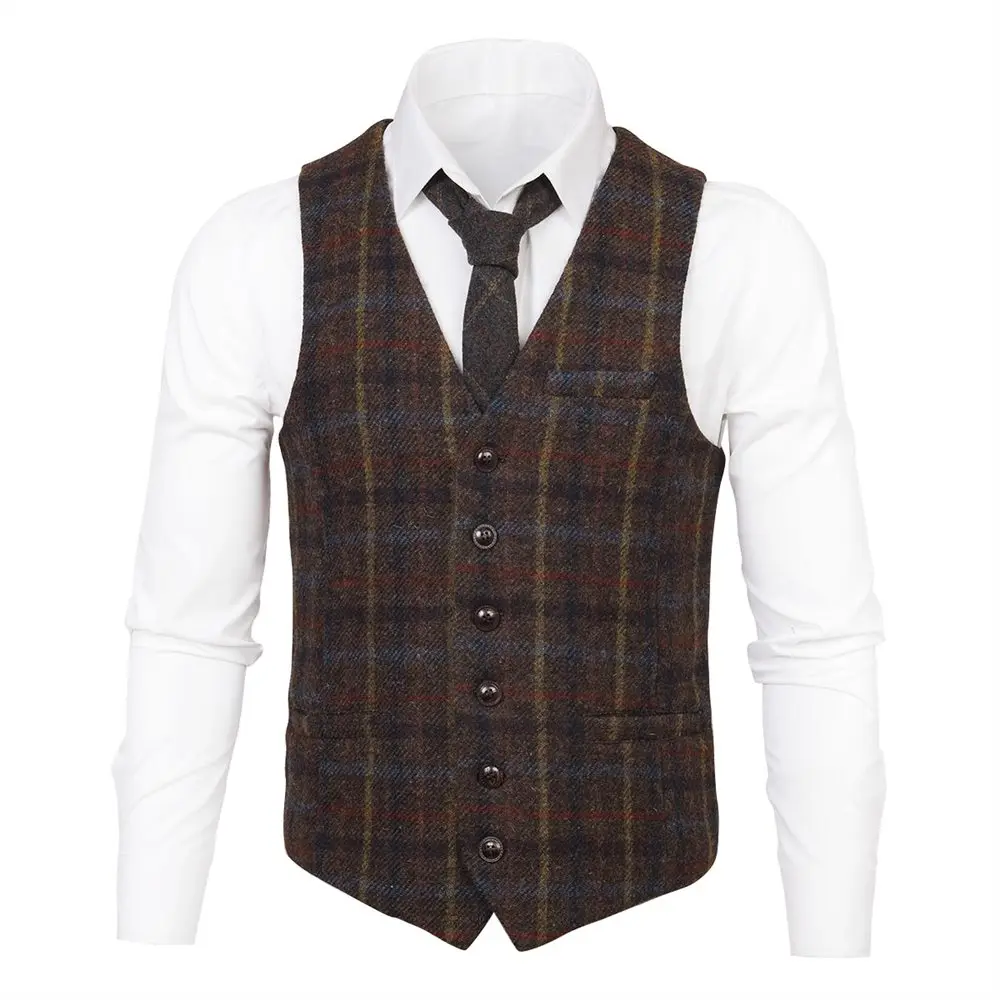 VOBOOM 100 Wool Suit Vest for Men Casual Fit Tweed Wasitcoat Male