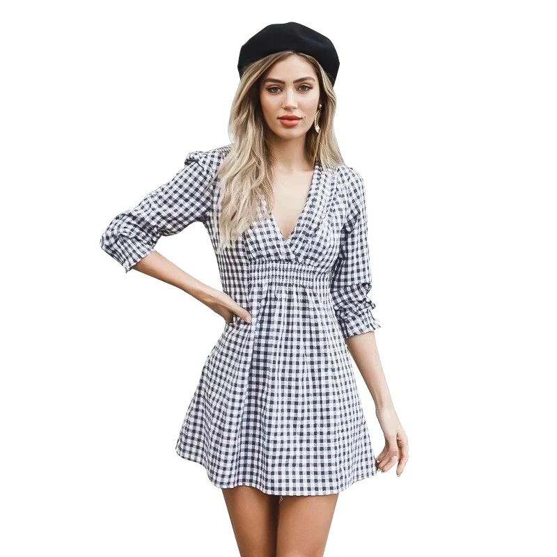 

2019 Women Dress Black and White Plaid Waist Dress Female V-neck Seven-quarter Sleeve Boho Ladies Dresses Elegant Women Clothes