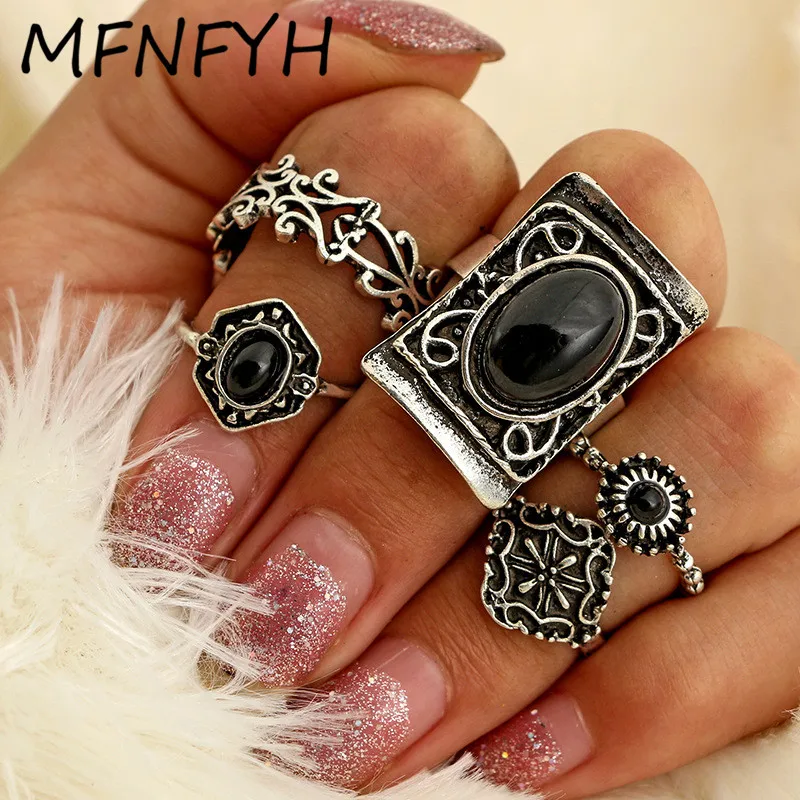 MFNFYH Gothic Punk Black Bead Big Geometric Knuckle Ring Set Vintage Gold Carving Flower Round Rings for Women Men Jewelry Gift | Украшения