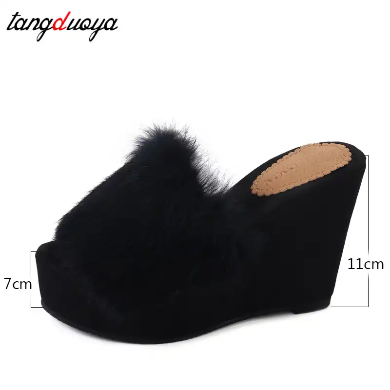 fur heel slippers