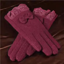 2 шт./лот, кружевные кашемировые перчатки с бантом, женские осенние и зимние толстые теплые шерстяные перчатки на палец, женские Быстрая