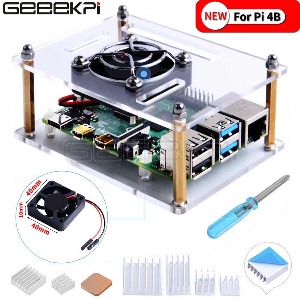Акриловый прозрачный корпус GeeekPi с охлаждающим вентилятором Raspberry Pi 4 Модель B для
