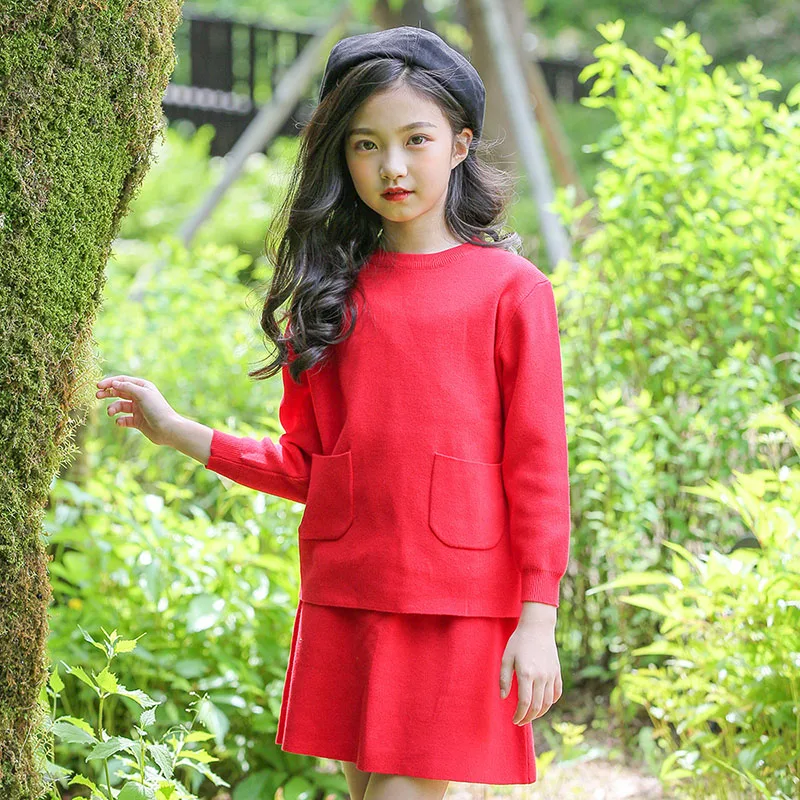 

red black children sweater and knit skirts clothing sets for teenage girls 2 pcs clothes suits kids cotton autumn sweater sets