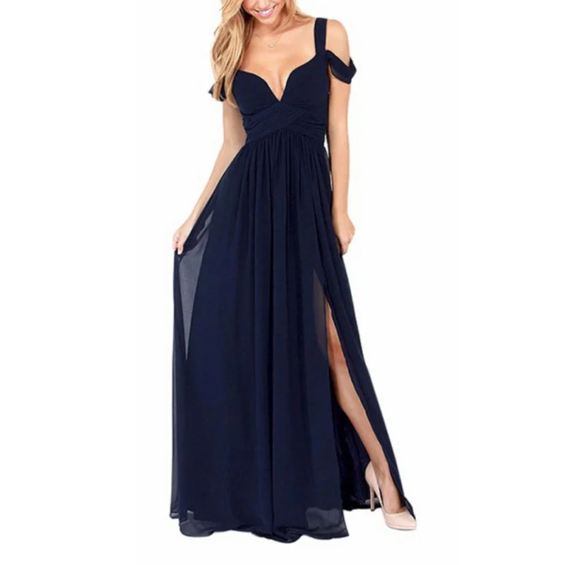 

Women Sexy V Neck Party Dress Floor Length Summer Vestidos Solid Side Slit Dress Spaghetti Strap Female Gown Dresses T6