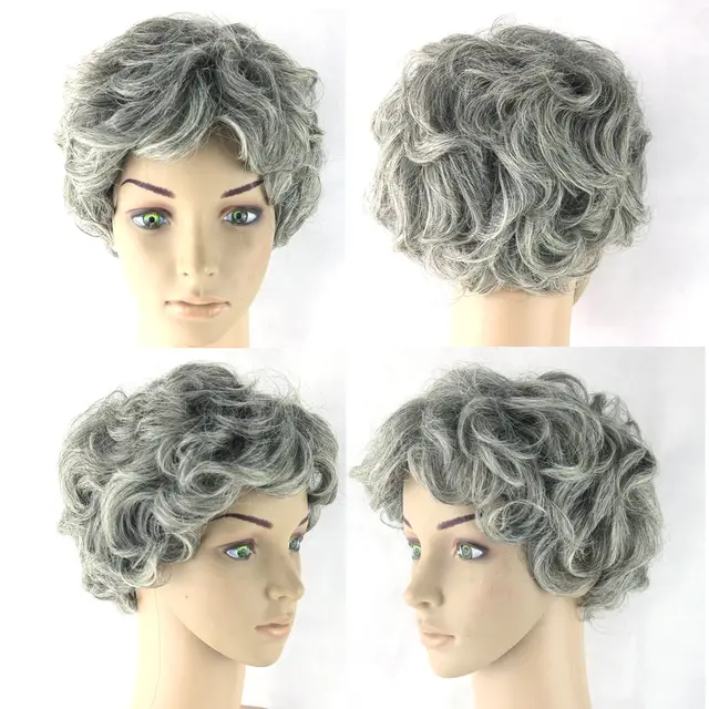 Soowee Gray Hair Wig Black Mix White Synthetic Hair Short Curly Grey Aged Style Cosplay Wigs For Men And Women