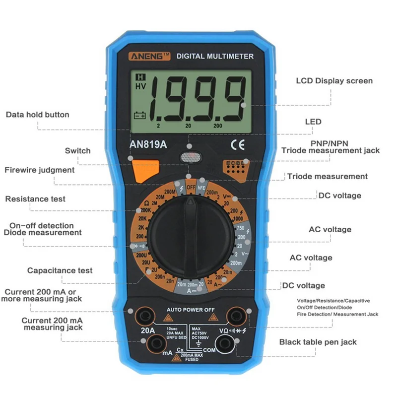 ЖК-дисплей цифровой AN819A мультиметр AC/DC ток тестер Напряжение Амперметр+ крокодил зажим