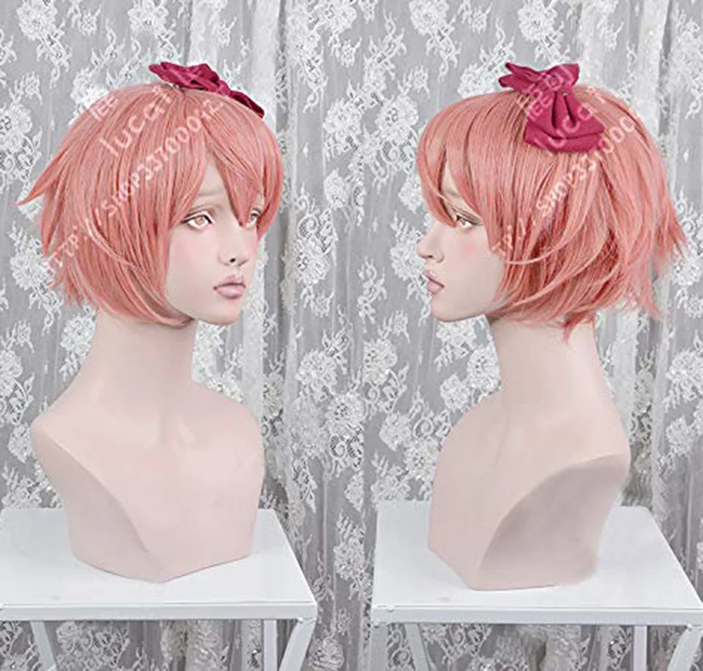 Doki Doki Literature Club Sayori Short Peach Pink Cos Wig Heat Resistant Hair Cosplay Costume Wigs+ Bow Hairpin