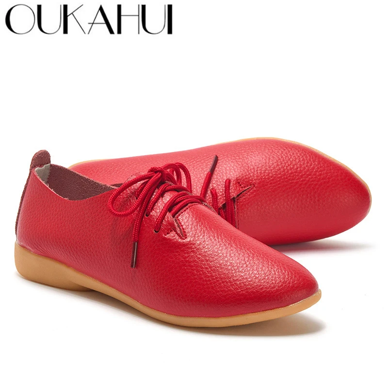 

OUKAHUI 16 Colors Spring Summer Flat Casual Shoes Women Flats Split Cow Leather Pointed Toe Oxford Shoes Women Leather Lace-Up