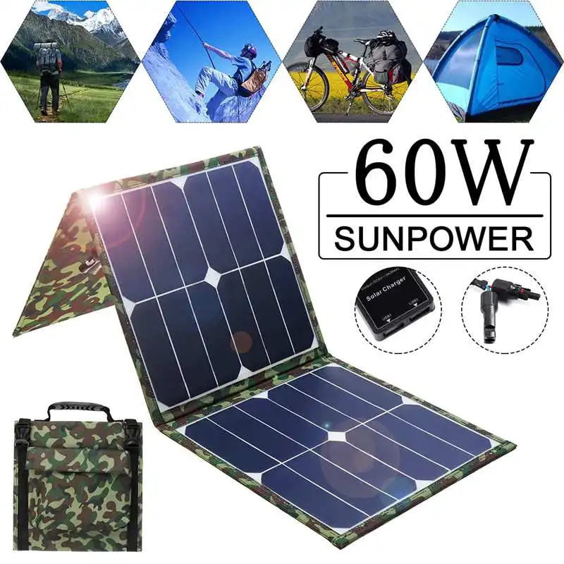 

Foldble Solar Panel 60W 18V/5V Solar Panel Dual USB Portable Flexible Solar Cell Set For Boats/Out-door Camping/Car/rv/Phone
