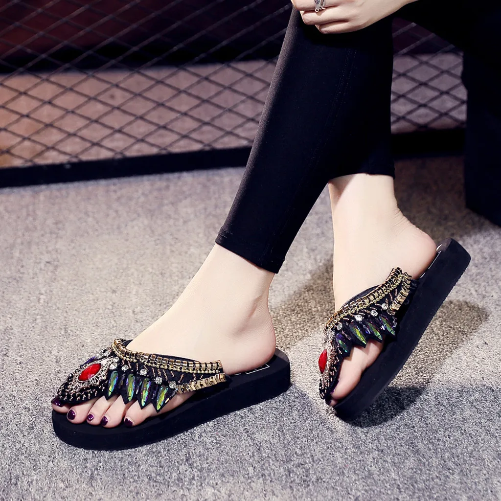 

Summer Women's Bohemian flip flops slippers Rhinestone Clip Toe Non-Slip Flats platform Slipper Beach Shoes zapatos de mujer