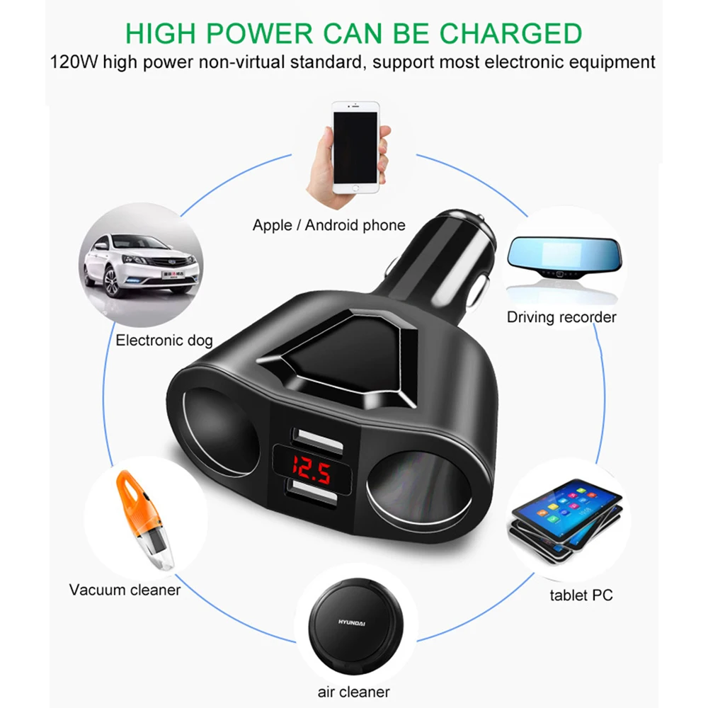 Автомобильное зарядное устройство 5 в 3,1 а с двумя usb-портами+ 2 гнезда для прикуривателя 120 Вт, Поддержка питания, дисплей, измеритель напряжения тока для iPhone, iPad, samsung