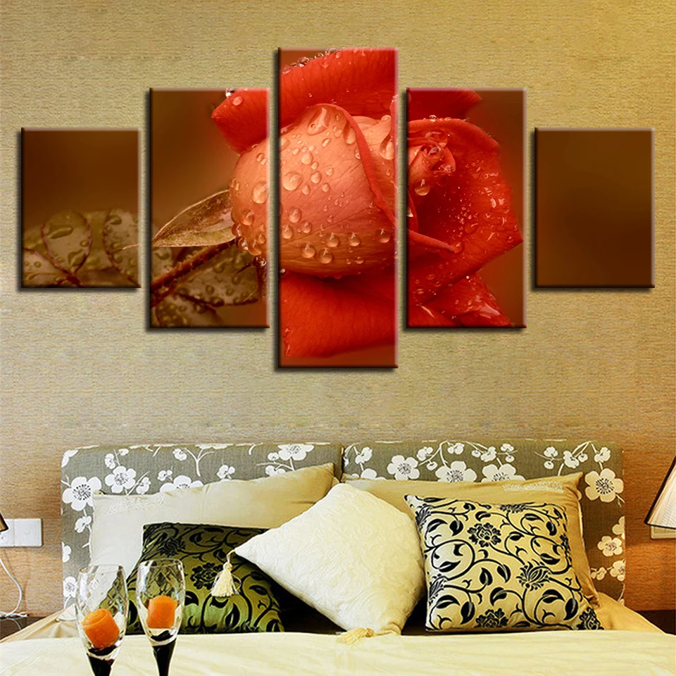 HD-Prints-Canvas-Home-Decor-Wall-Art-Poster-5-Pieces-Orange-Red-Roses-Painting-Modular-Flower