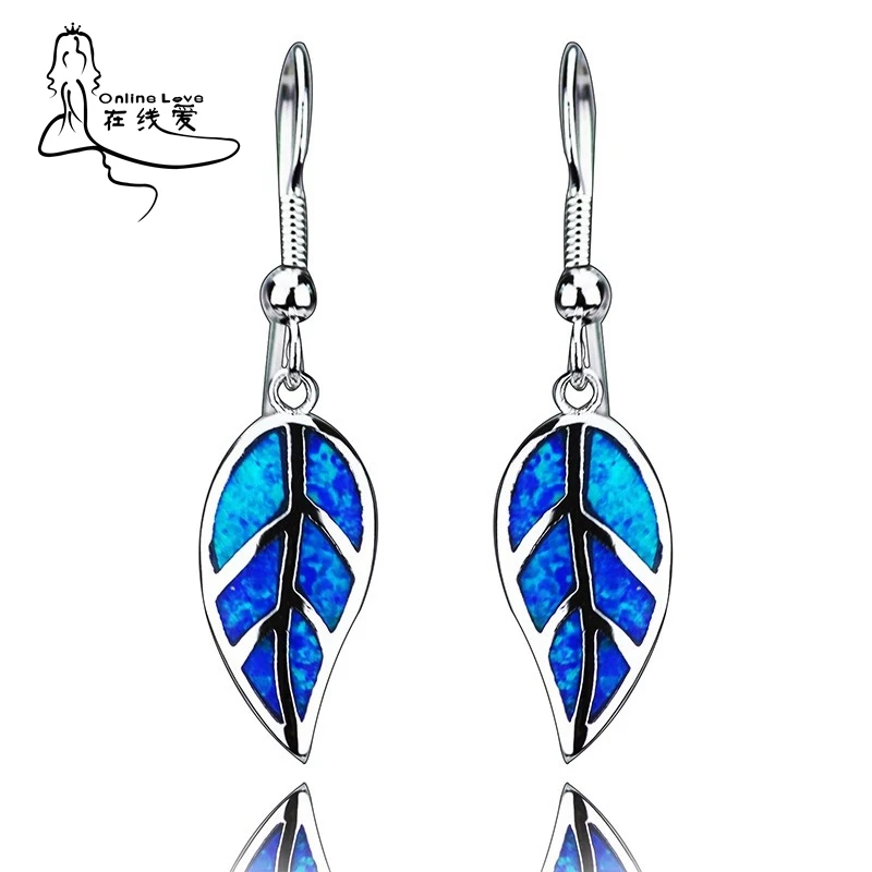

Elegant Leaf Shape Blue Opal Gem Silver Earrings for Women Hot Sale Trendy Drop Earrings Top Quality Fashion Jewelry for Women