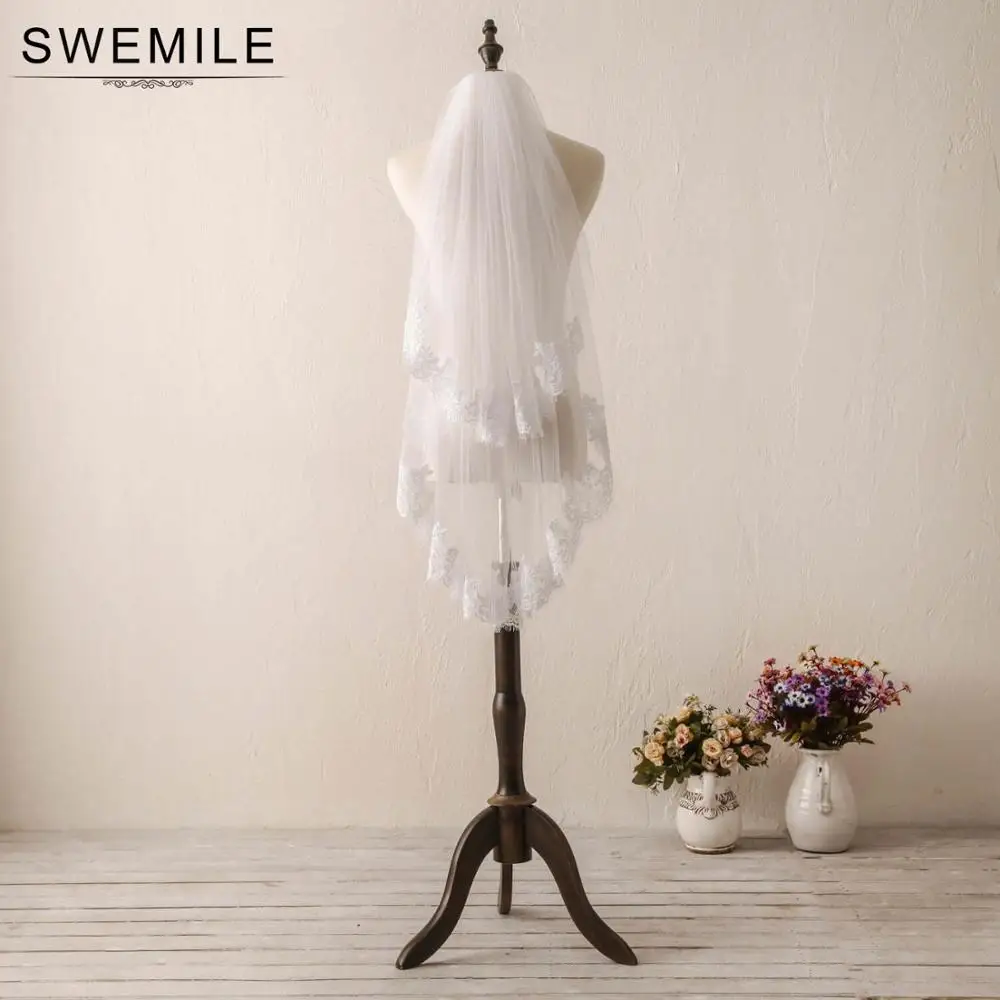 

SWEMILE Two Layer Tulle Short White Ivory Wedding Veil Face Covered Fingertip Bridal Veil With Comb Velo de Novia