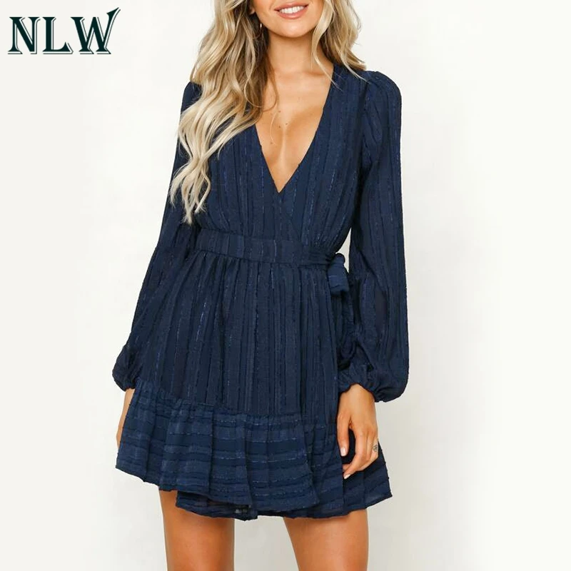 

NLW Vintage Long Sleeve Wrap Bow Dress Women Party Feminino Dresses Solid Red Chiffon Sexy Short Dress Elegant Vestidos