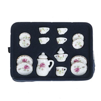 

1/12 Dollhouse Miniature 15PCS pink Flower Patten Porcelain Coffee Tea Cups Ceramic Tableware Dollhouse Kitchen Accessories
