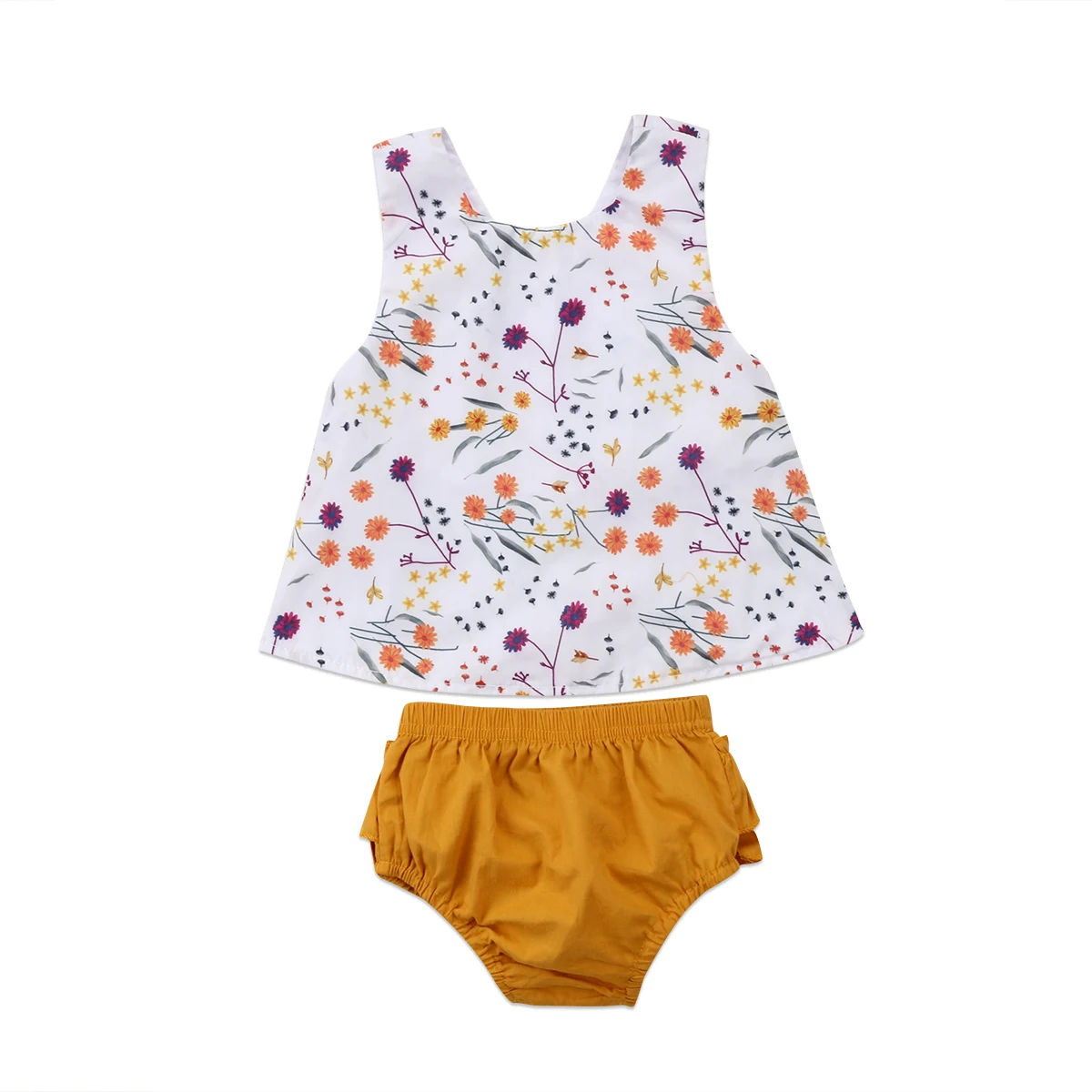 Летняя футболка с цветочным принтом для маленьких девочек, топы и шорты, детские штаны, костюм - Цвет: Цвет: желтый
