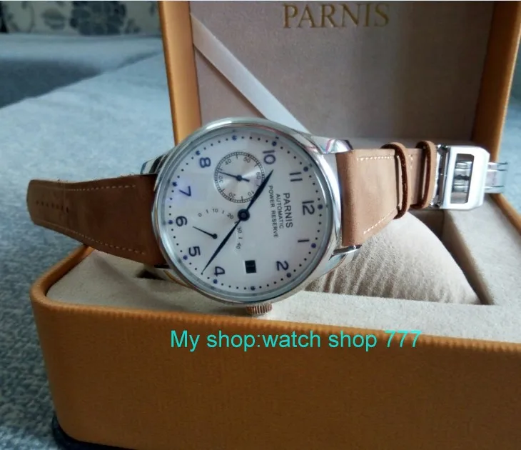 

43mm PARNIS White dial power reserve Automatic Self-Wind Mechanical movement men's watch Folding Clasp with Safety 15