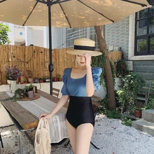 Корея Королевский синий черный цвет блок короткий рукав Цельный купальник женский сексуальный с пышными рукавами Монокини Купальники купальные костюмы