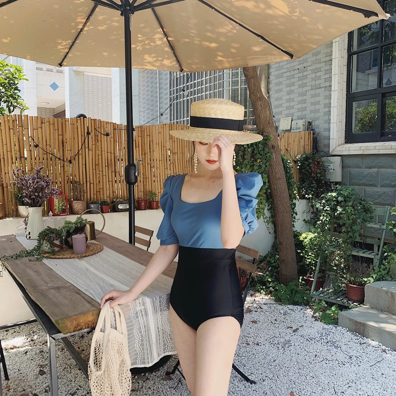 

2019 Korea Royal Blue Black Color Block Short Sleeve One Piece Swimsuit Women Sexy Puff Sleeve Monokini Swimwear Bathing Suits