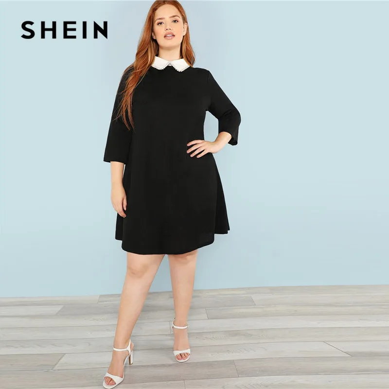 SHEIN Контрастное Платье С Бусинами Размера Плюс, Офисное Платье С Длинным Рукавом А-Силуэта