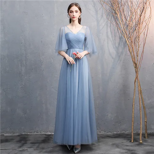 Beauty Emily V Neck Long Bridesmaid Dress Lace Up Back Strapless Elegant Tulle Party Dress For Wedding Vestido de dama de honor - Color: Blue C