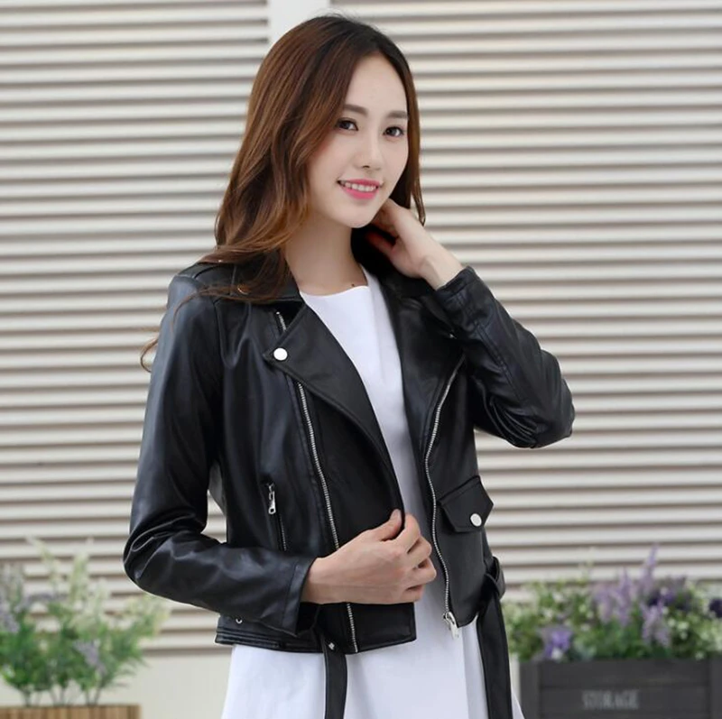 Womens Slim-fit Lightweight PU Leather Moto Jacket With A Turn-down Collar