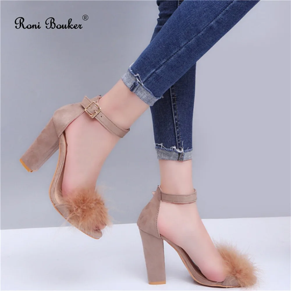

Roni Heels Sandals Summer Chunky Heel Fashion Women Peep Toes Shoes Buckle Strap Female Black Flock Sandalias Mujer Dropship