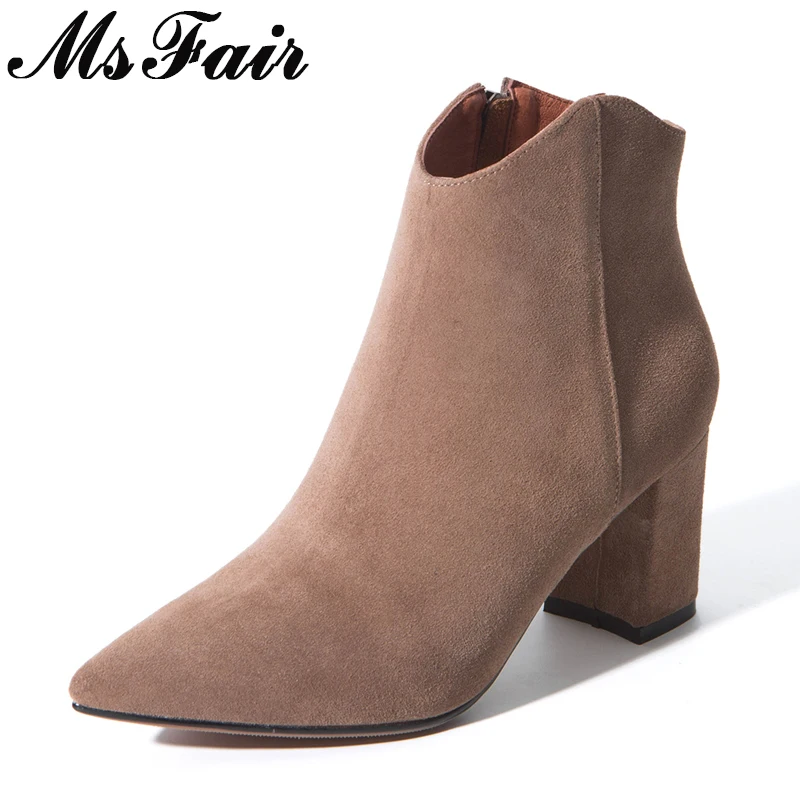 MSFAIR Pointed Toe Square Heels Women Boot Fashion Zipper Ankle Boot Women Shoes Mature Concise High Heel Ankle Boot Woman 2018