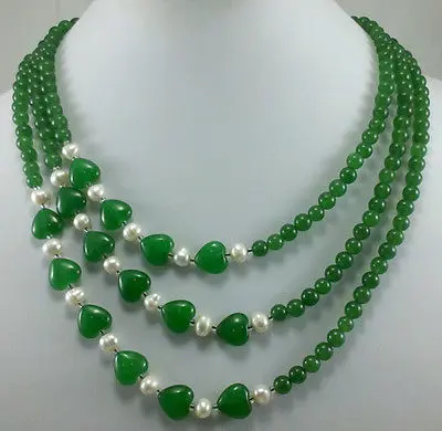 DYY Green Jade 6MM Beads 10MM Heart-shaped pearl 3 Row Necklace / Free |
