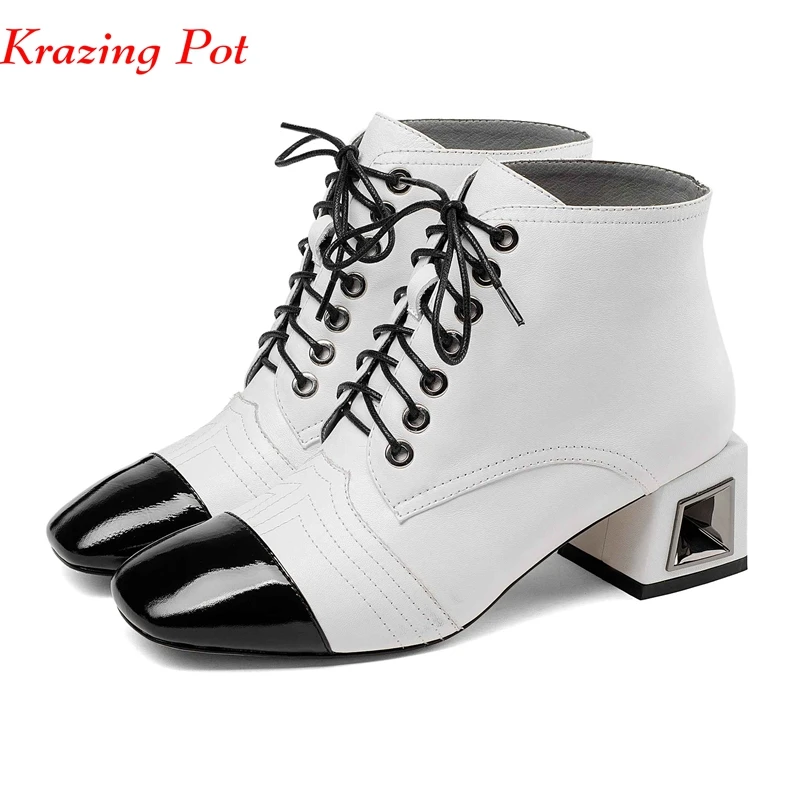 

Krazing Pot new full grain leather boots style lace up mixed color dailywear all-match fretwork hollow med heels ankle boots L21