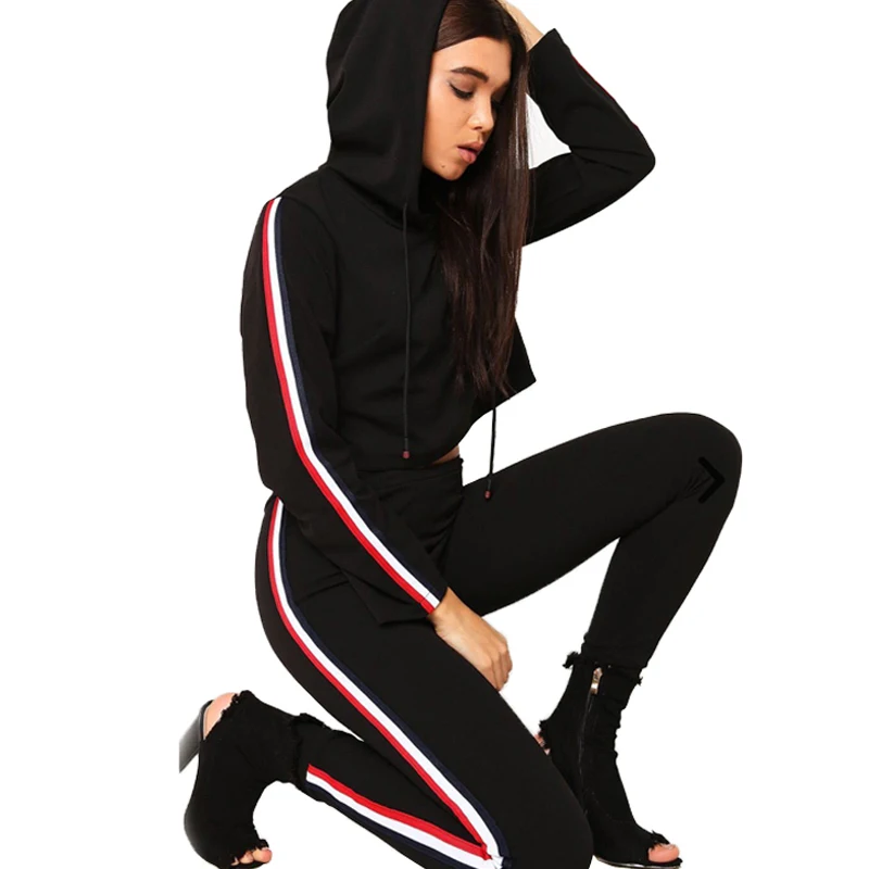 2018 Winter Jumpsuits Women Fashion Striped  Casual 2 Pieces Set Female Black Tracksuits Sexy Cropped Sweatshirt and Pants