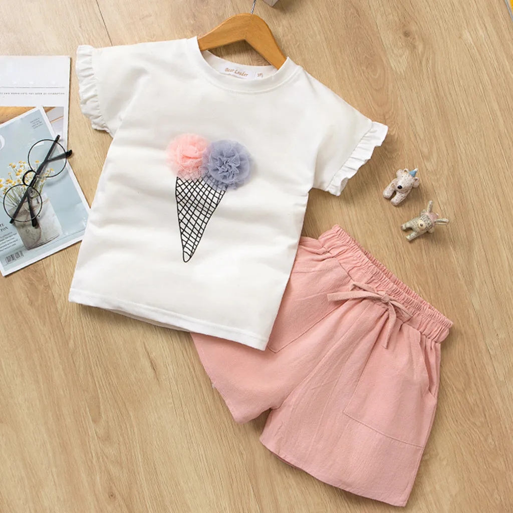 Одежда для маленьких девочек Футболка с цветочным принтом + шорты с бантиком, летний комплект для детей