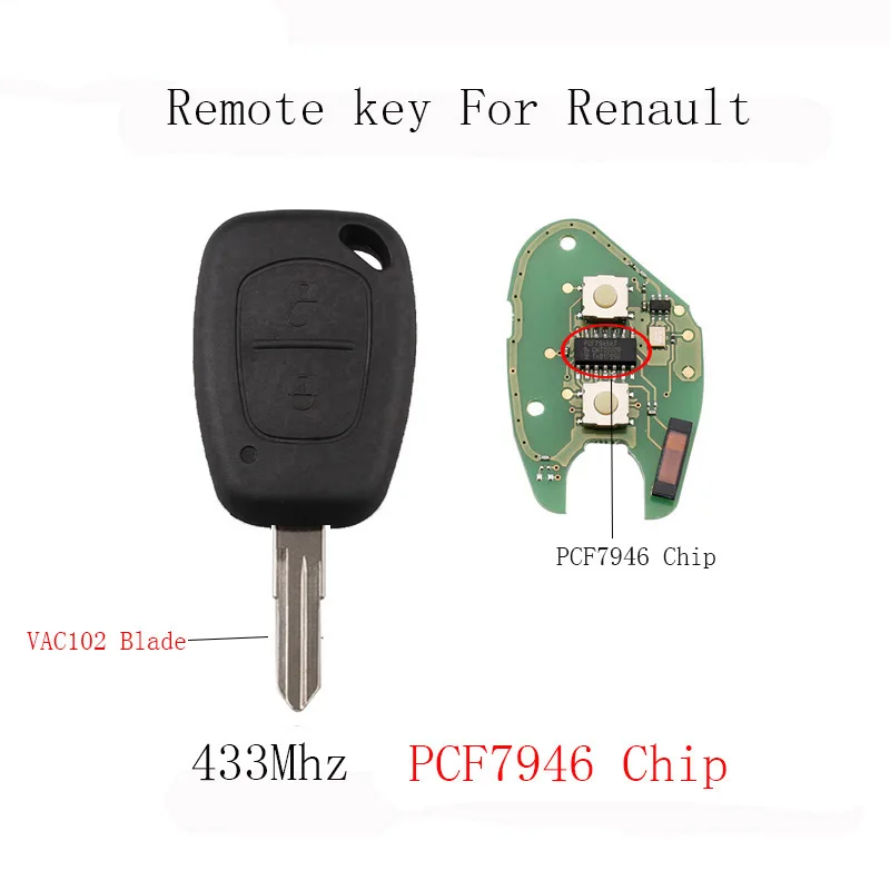 

2 Buttons Remote Car key For Renault Clio Scenic Kangoo 433Mhz Transponder Chip PCF7946 VAC102 Blade Original Key