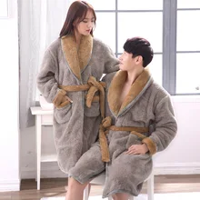 Высокое качество модные пары толстые зимние халат теплые фланелевые Sleepcoat халаты с карманами для мужчин любителей пижамы