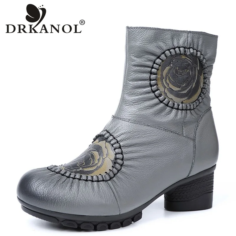 

DRKANOL Vintage Printing Genuine Leather Thick High Heel Snow Boots Women Winter Warm Ankle Boots Female Round Toe Women shoes