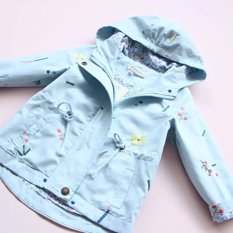 Новая весенне-осенняя ветровка для девочек, детская верхняя одежда с капюшоном и цветочной вышивкой, детские пальто, куртка
